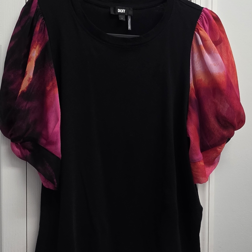 DKNY Black Top with Vibrant Pink Sleeves